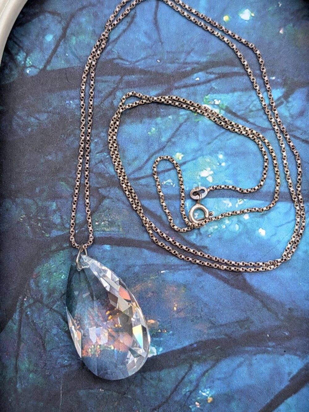 Antique Crystal Teardrop Pendant on Platinum & Sterling Silver Italian Chain